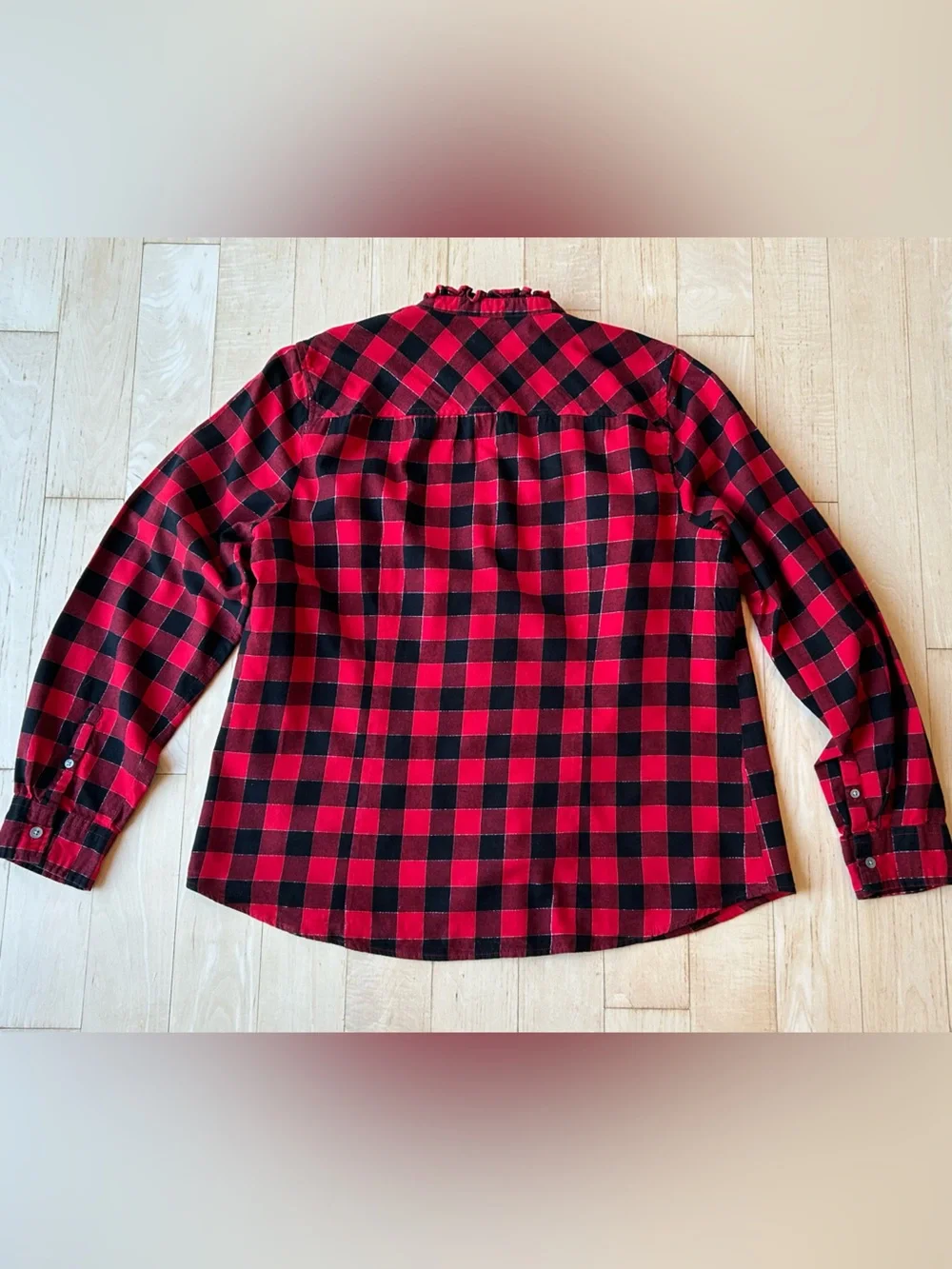 J. Crew Women’s Button Front Flannel Top with Ruffled Collar Red/Black Large